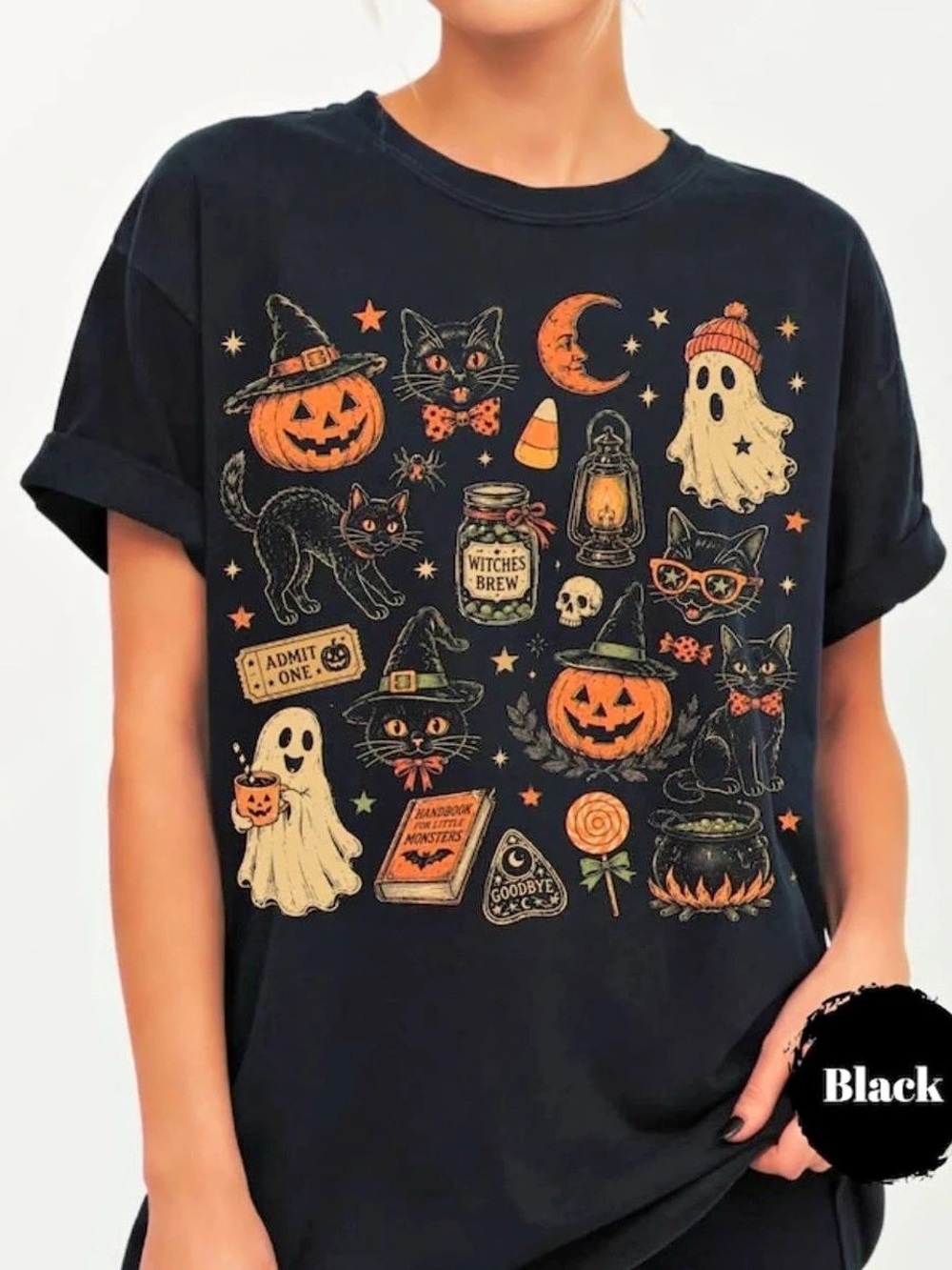Funny Pumpkin Cat and Spooky Graphic Tee, Halloween Outfit For Unisex